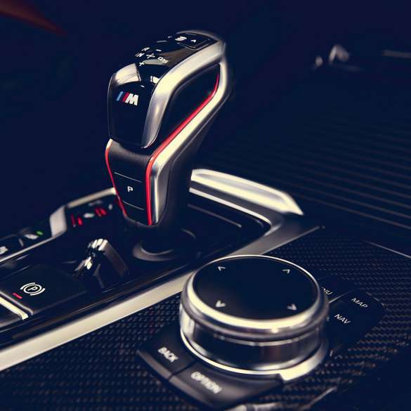 BMW X3 M Competition, M gear selection lever with M logo. BMW X3 M Competition, interior, M gear selection lever with M logo.